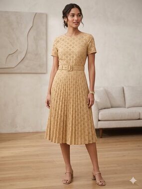 Ann Taylor Mustard Pleated Eyelet Midi Dress